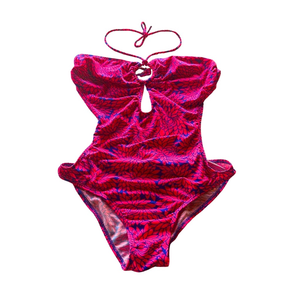 PrettyGirl Pink Purple Floral One-Piece Swimsuit Ring Cutout Halter Neck Large